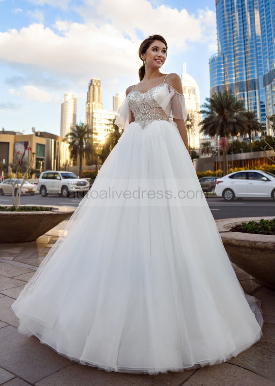 Beaded Cold Shoulder Ivory Tulle Wedding Dress